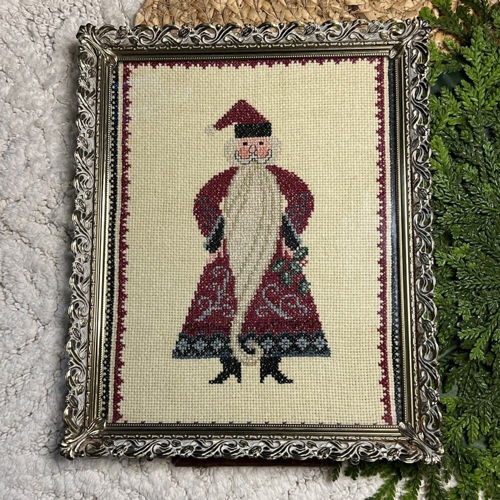 Vintage Old World Santa Needlepoint Cross Stitch Ornate Frame Framed Folk Art
